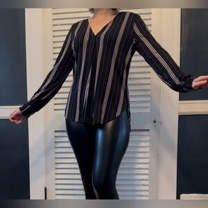 Ann Taylor long sleeve blue and pink striped blouse with deep v- neck cut -S